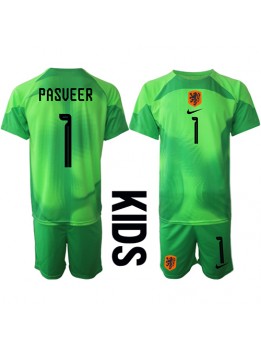 Otroški Nogometna dresi replika Nizozemska Remko Pasveer #1 Vratar Domači SP 2022 Kratek rokav (+ hlače)